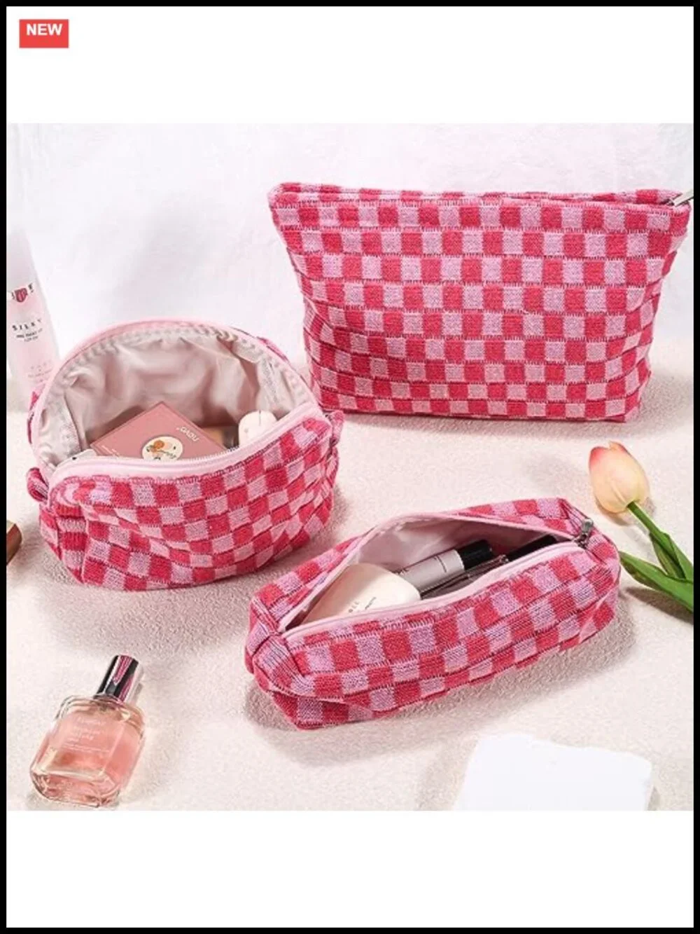 Knitted Fabric Makeup Bag Set, Checkered Toiletry Travel Bags for Women, Pencil